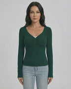 Emerald Pullover by Lauven, Women's Slim Fit V-Neck Long Sleeve Pullover with Button Detail in deep green.