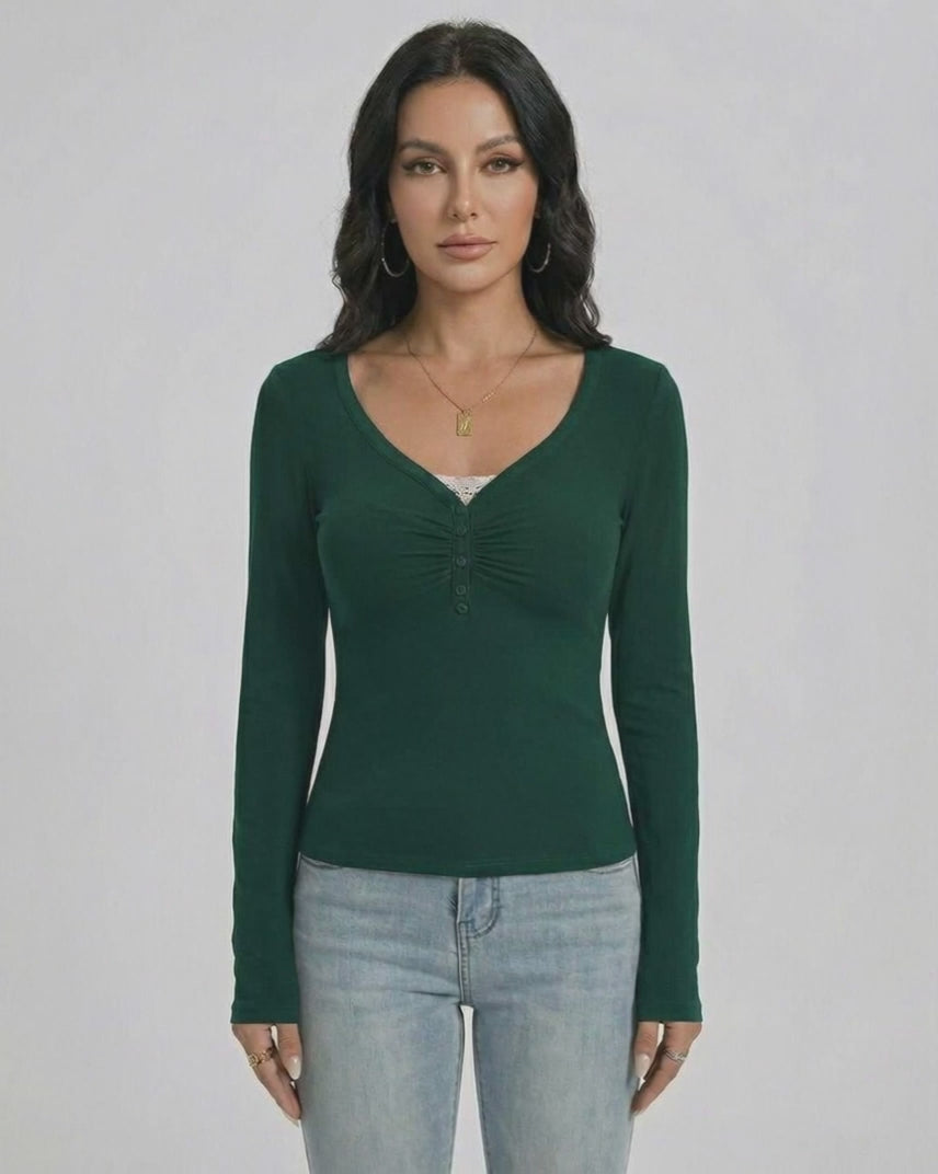 Emerald Pullover by Lauven, Women's Slim Fit V-Neck Long Sleeve Pullover with Button Detail in deep green.