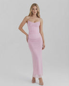 Elara Maxi Dress in pink mesh, featuring lace detail, slim fit silhouette, and elegant design by Lauven.