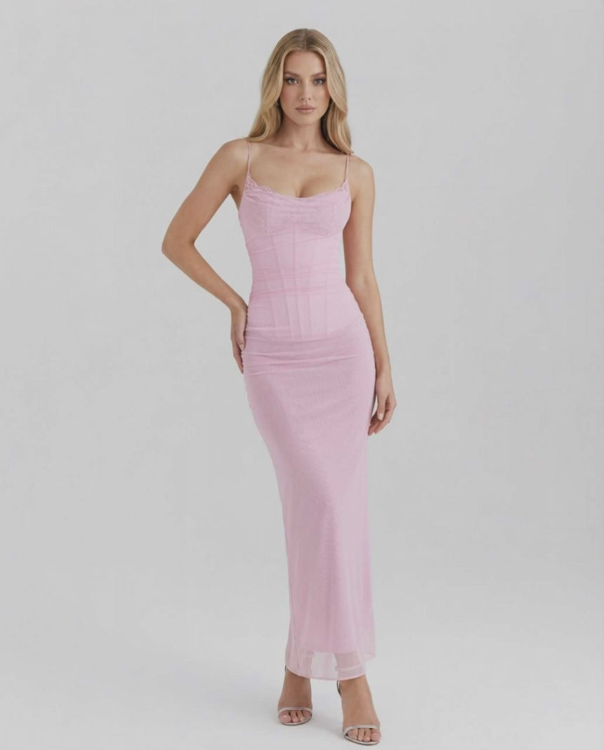 Elara Maxi Dress in pink mesh, featuring lace detail, slim fit silhouette, and elegant design by Lauven.