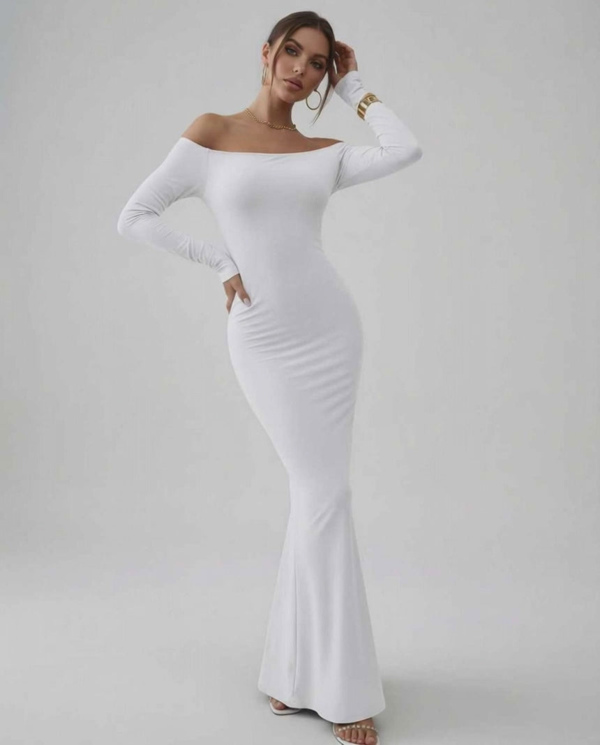 Lauven Orion Maxi Dress in classic white, featuring off-shoulder long sleeves and smooth stretch fabric.