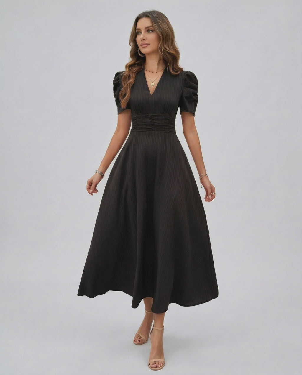 Noire Midi Dress by Lauven, elegant black midi dress with puff sleeves and V-neckline for sophisticated occasions.