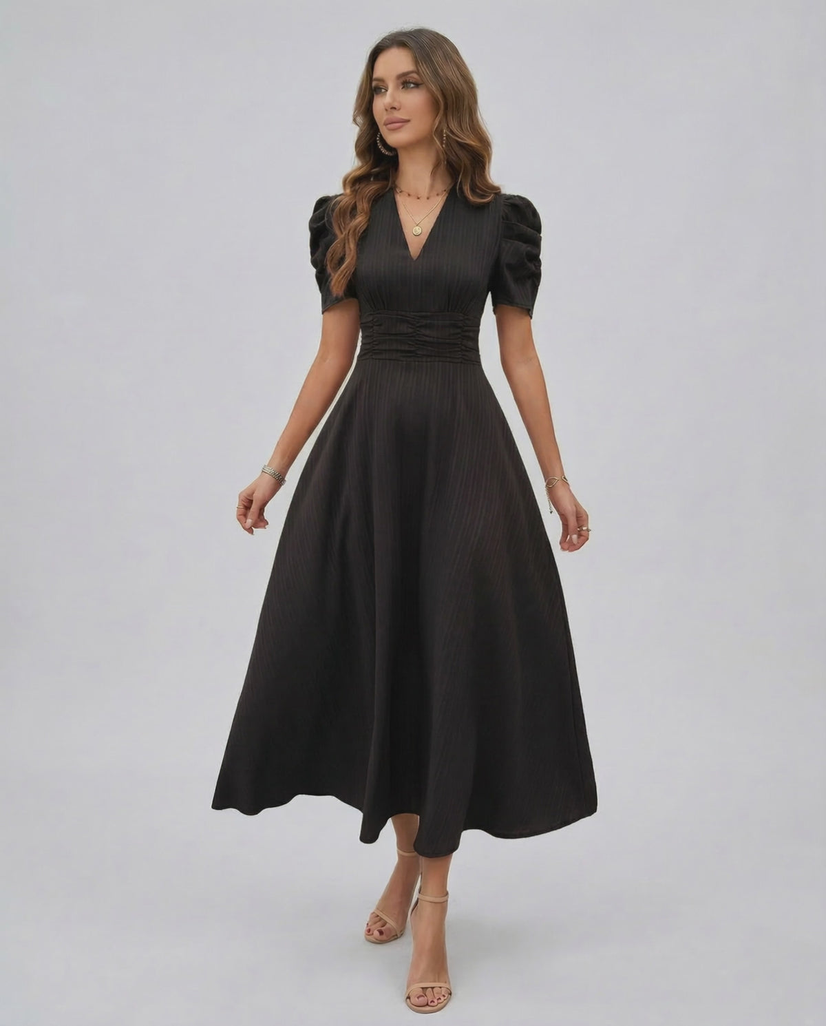 Noire Midi Dress by Lauven, elegant black midi dress with puff sleeves and V-neckline for sophisticated occasions.