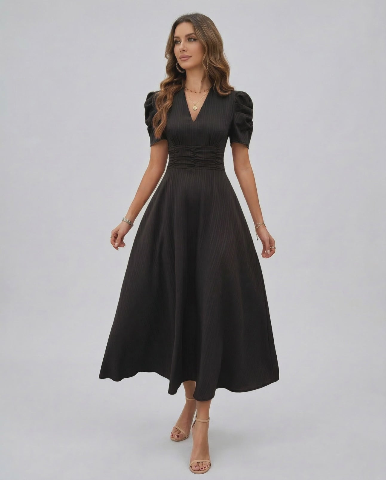 Noire Midi Dress by Lauven, elegant black midi dress with puff sleeves and V-neckline for sophisticated occasions.