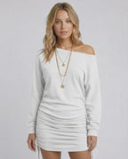 Lauven Snowfall Mini Dress with side adjustable drawstrings in crisp white, featuring a relaxed fit and elegant silhouette.
