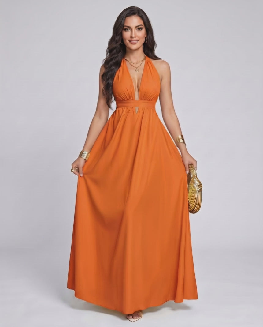 Solara Maxi Dress by Lauven — chiffon sleeveless halter V-neck A-line maxi dress
