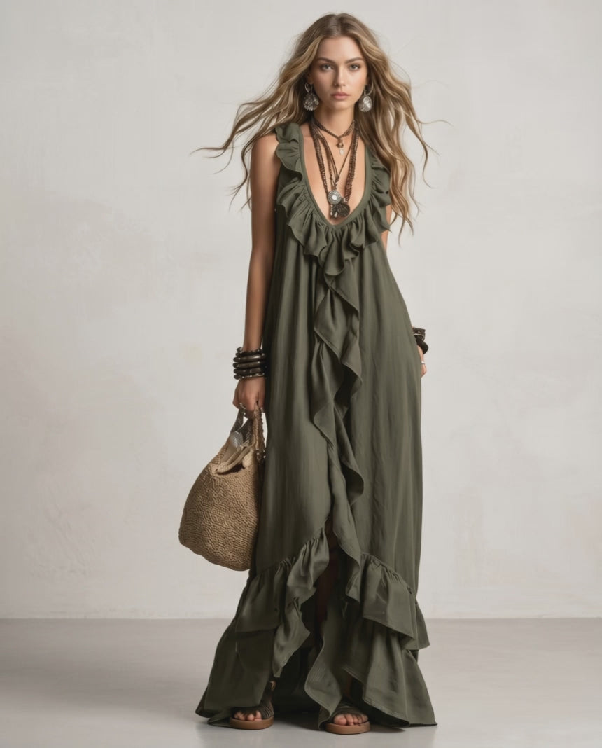 Solenne Maxi Dress by Lauven — chiffon sleeveless V-neck loose maxi dress with ruffle detail