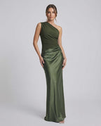 Orion Maxi Dress - Green One Shoulder Maxi Dress by Lauven, featuring asymmetrical neckline and sleek satin finish.