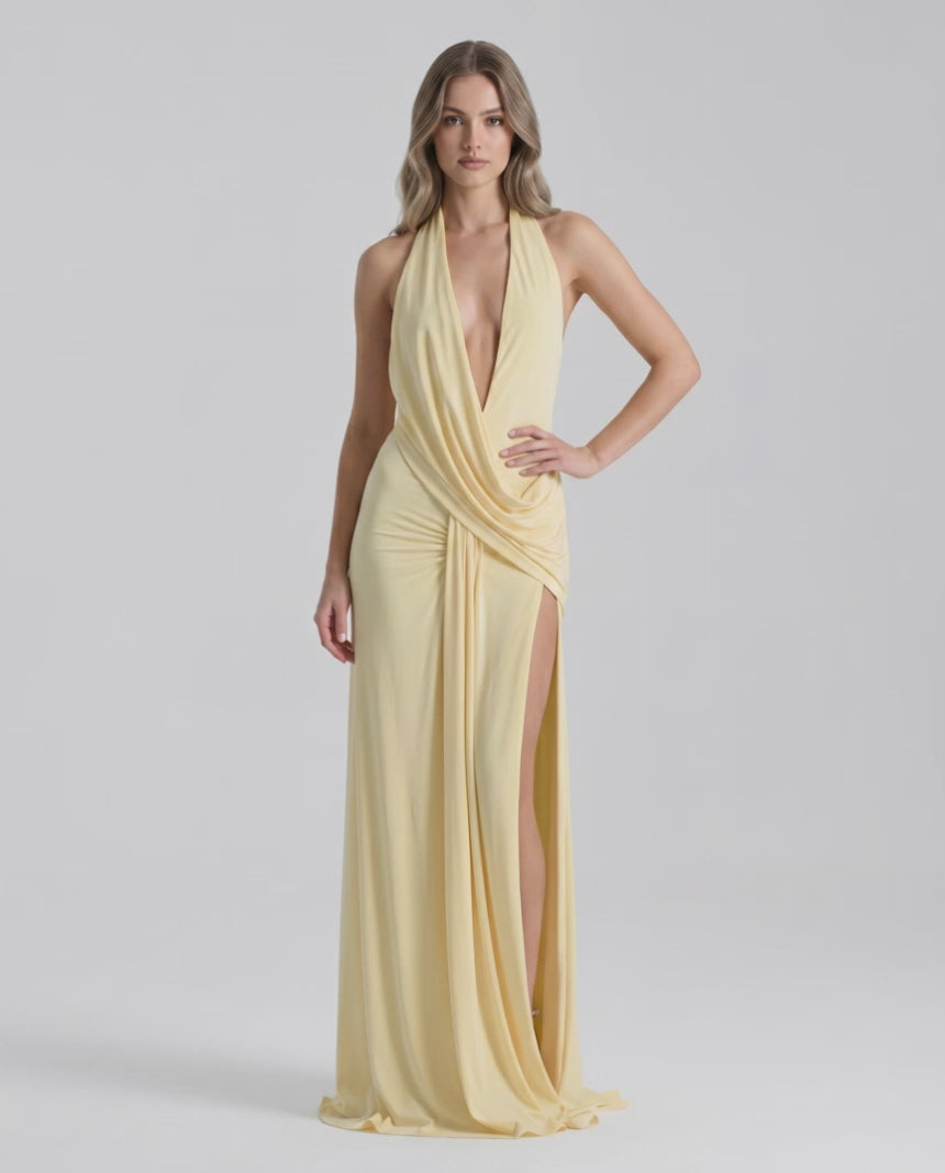 Solene Maxi Dress by Lauven — stretch jersey sleeveless deep v halter draped maxi dress