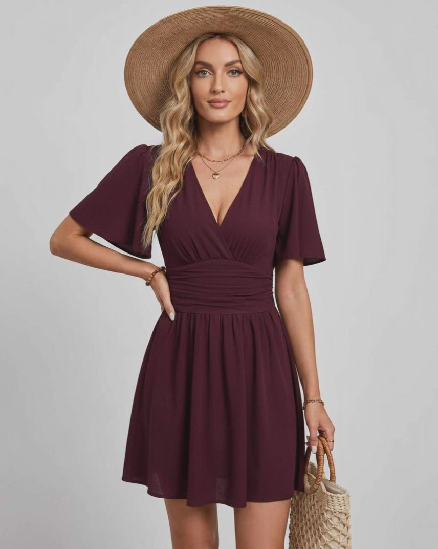 Calista Mini Dress by Lauven — chiffon ruffled short sleeve V-neck A-line mini dress