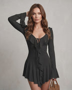 Valenne Mini Dress by Lauven — polyester long sleeve V-neck fit and flare mini dress with ruffle detail
