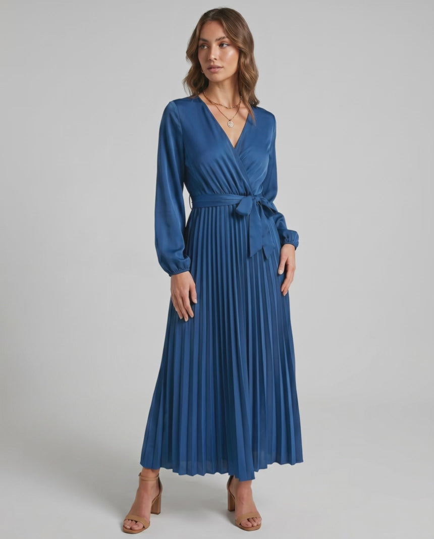 Elara Maxi Dress by Lauven — satin long sleeve V-neck A-line maxi dress with pleats and tie waist