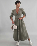Eloria Midi Dress by Lauven — lightweight mid sleeve V-neck button front fit and flare midi dress