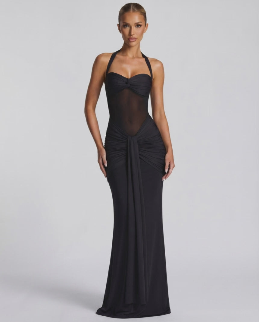 Sienna Maxi Dress featuring black halter style, sheer mesh panel, mermaid silhouette by Lauven.