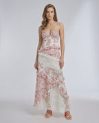 Rosalie Maxi Dress – Floral Lace Ruffle V-Neck Maxi Dress by Lauven, featuring delicate pink floral prints and layered lace details.