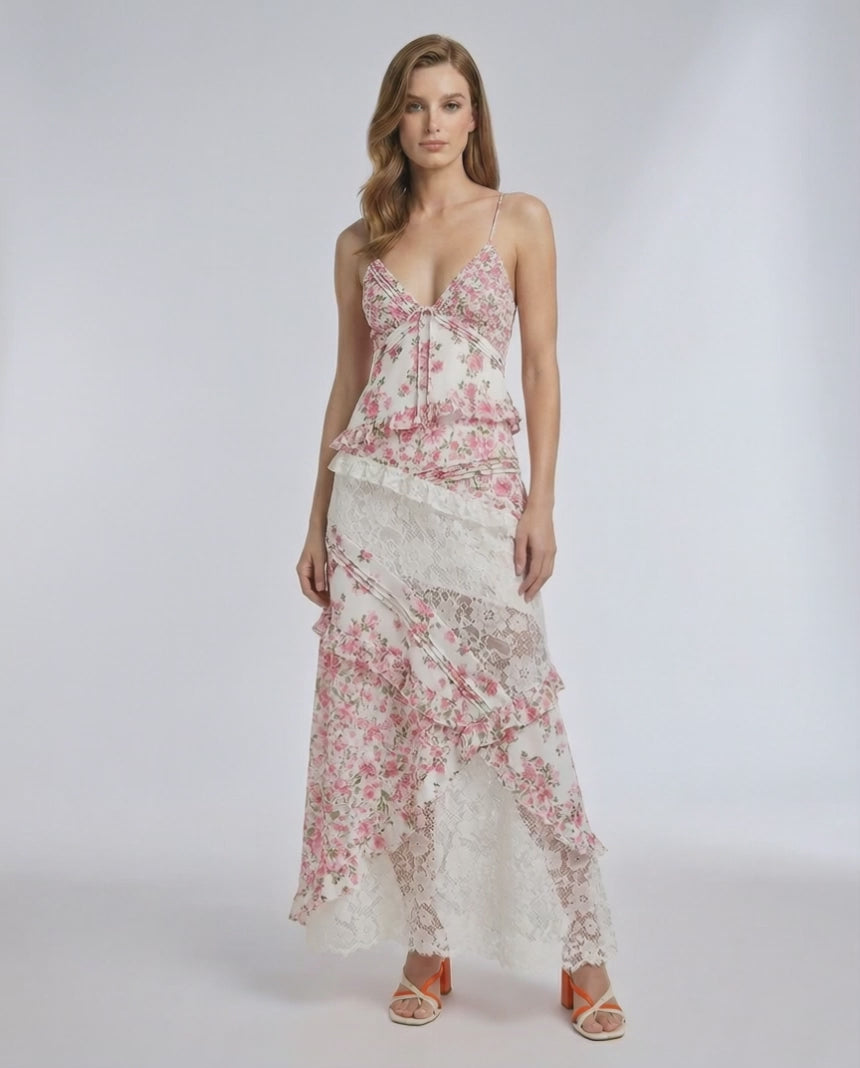 Rosalie Maxi Dress – Floral Lace Ruffle V-Neck Maxi Dress by Lauven, featuring delicate pink floral prints and layered lace details.