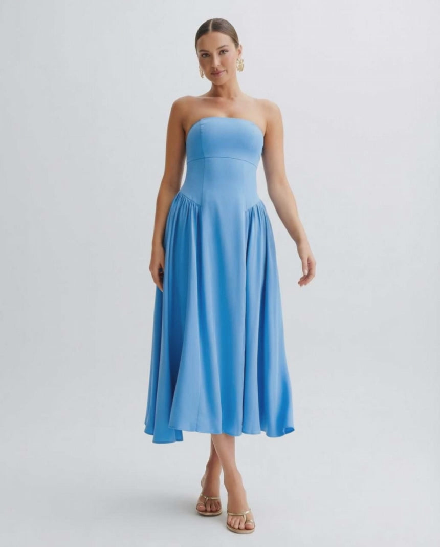 Soleil Midi Dress by Lauven, strapless, pleated, light blue cocktail dress perfect for modern, feminine occasions.