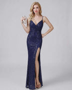 Celeste Maxi Dress by Lauven — sequin sleeveless V-neck mermaid maxi dress with spaghetti straps and front slit