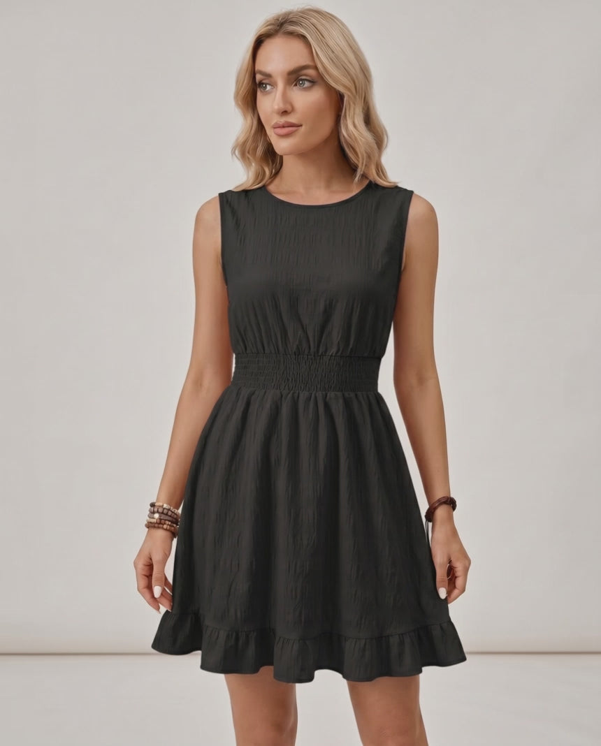 Lunara Mini Dress by Lauven — polyester sleeveless round neck A-line mini dress with smocked waist and ruffle hem