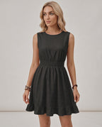 Lunara Mini Dress by Lauven — polyester sleeveless round neck A-line mini dress with smocked waist and ruffle hem