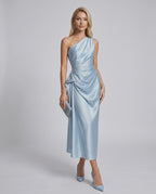 Seraphine Midi Dress by Lauven — satin sleeveless one-shoulder draped sheath midi dress
