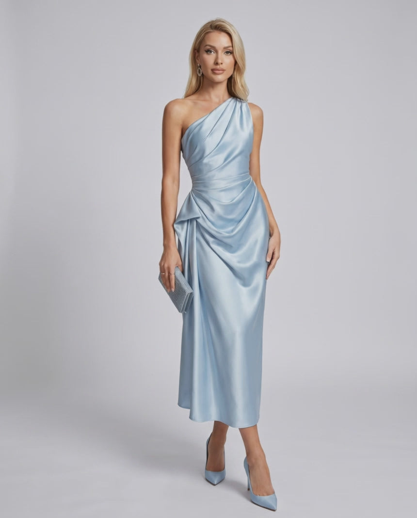 Seraphine Midi Dress by Lauven — satin sleeveless one-shoulder draped sheath midi dress