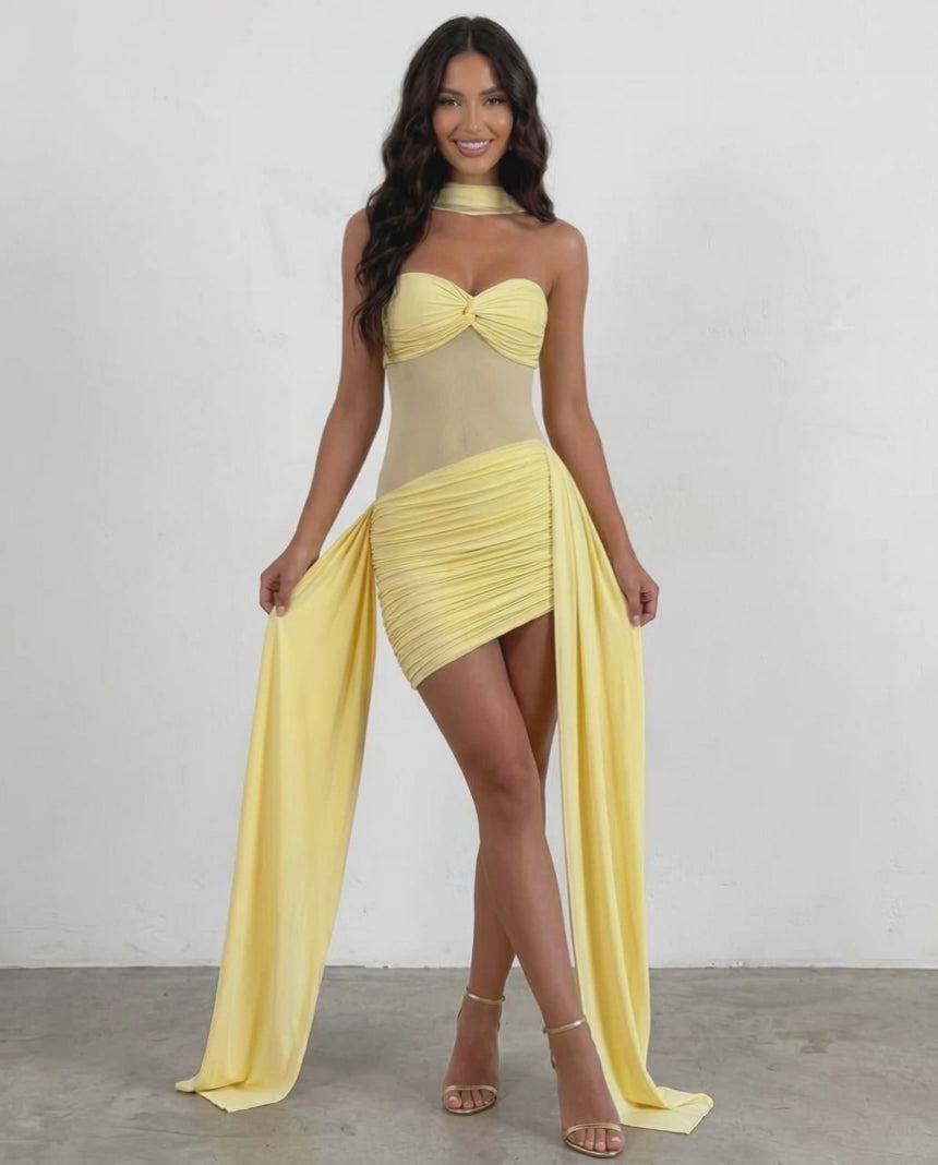 Veloura Mini Dress by Lauven — polyester strapless bodycon mini dress with draped detail