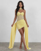 Veloura Mini Dress by Lauven — polyester strapless bodycon mini dress with draped detail