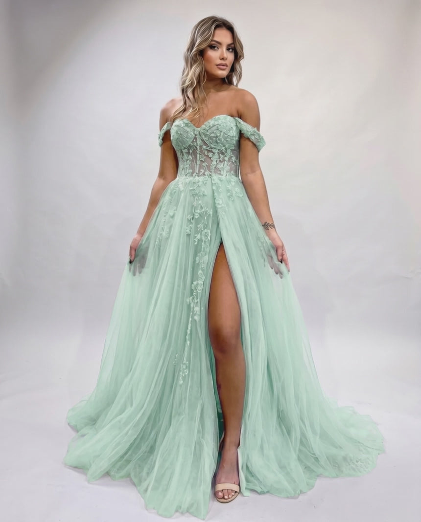Celestia Maxi Dress by Lauven — tulle lace off-shoulder sweetheart A-line maxi dress