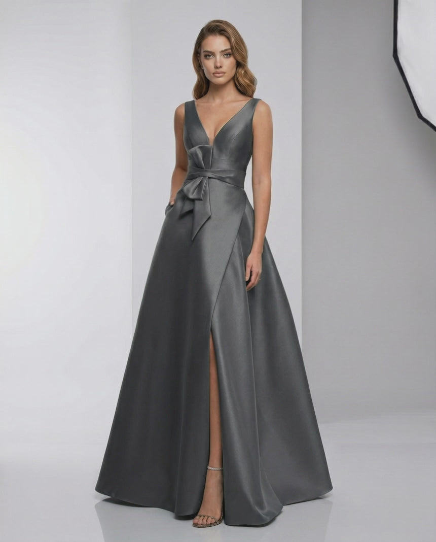 Orlena Maxi Dress in charcoal satin with A-line silhouette, V-neckline, and flowing skirt by Lauven.