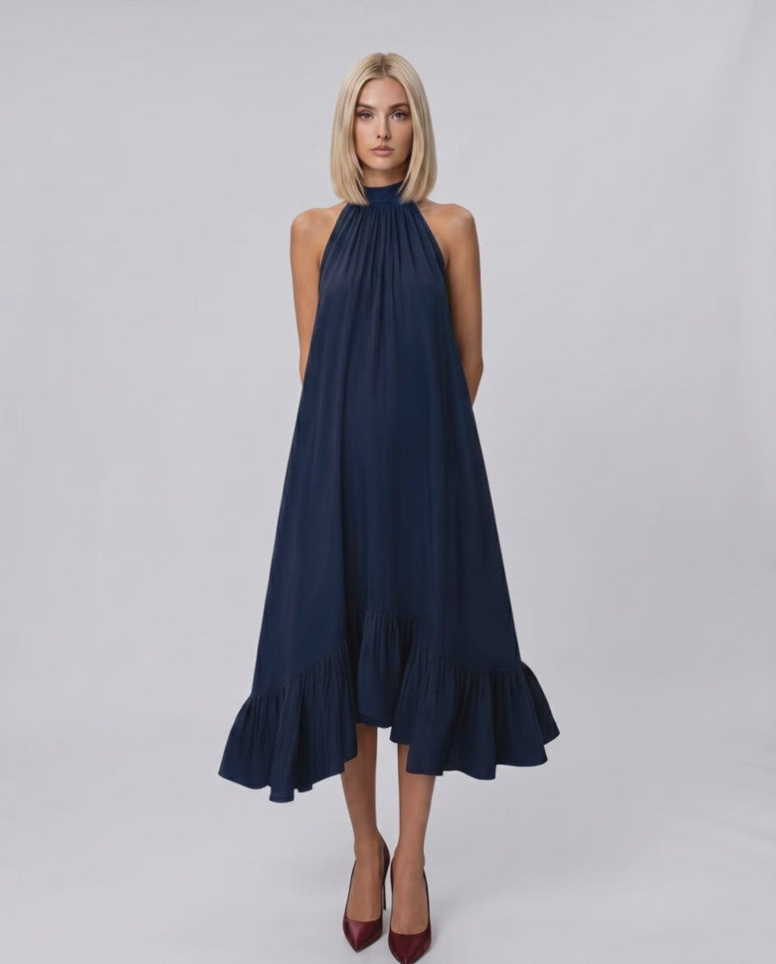 Veloura Midi Dress by Lauven — chiffon sleeveless high halter neck loose swing midi dress