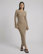 Solara Maxi Dress by Lauven in warm taupe, ribbed knit, long flared sleeves, elegant midi length.