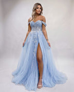 Celestia Maxi Dress by Lauven — tulle lace off-shoulder sweetheart A-line maxi dress