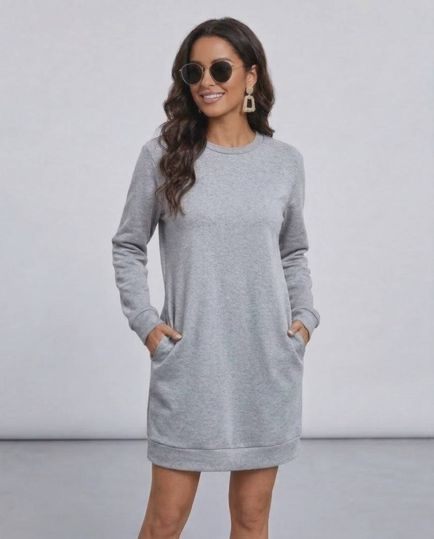 Orion Mini Dress by Lauven, casual grey sweatshirt dress with pockets, perfect for everyday comfort.