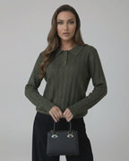 Orion Sweater by Lauven, women's olive green knit sweater with elegant collared long sleeves.