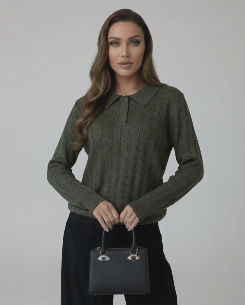 Orion Sweater by Lauven, women's olive green knit sweater with elegant collared long sleeves.
