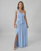 Serelune Maxi Dress by Lauven — stretch satin sleeveless one-shoulder A-line maxi dress