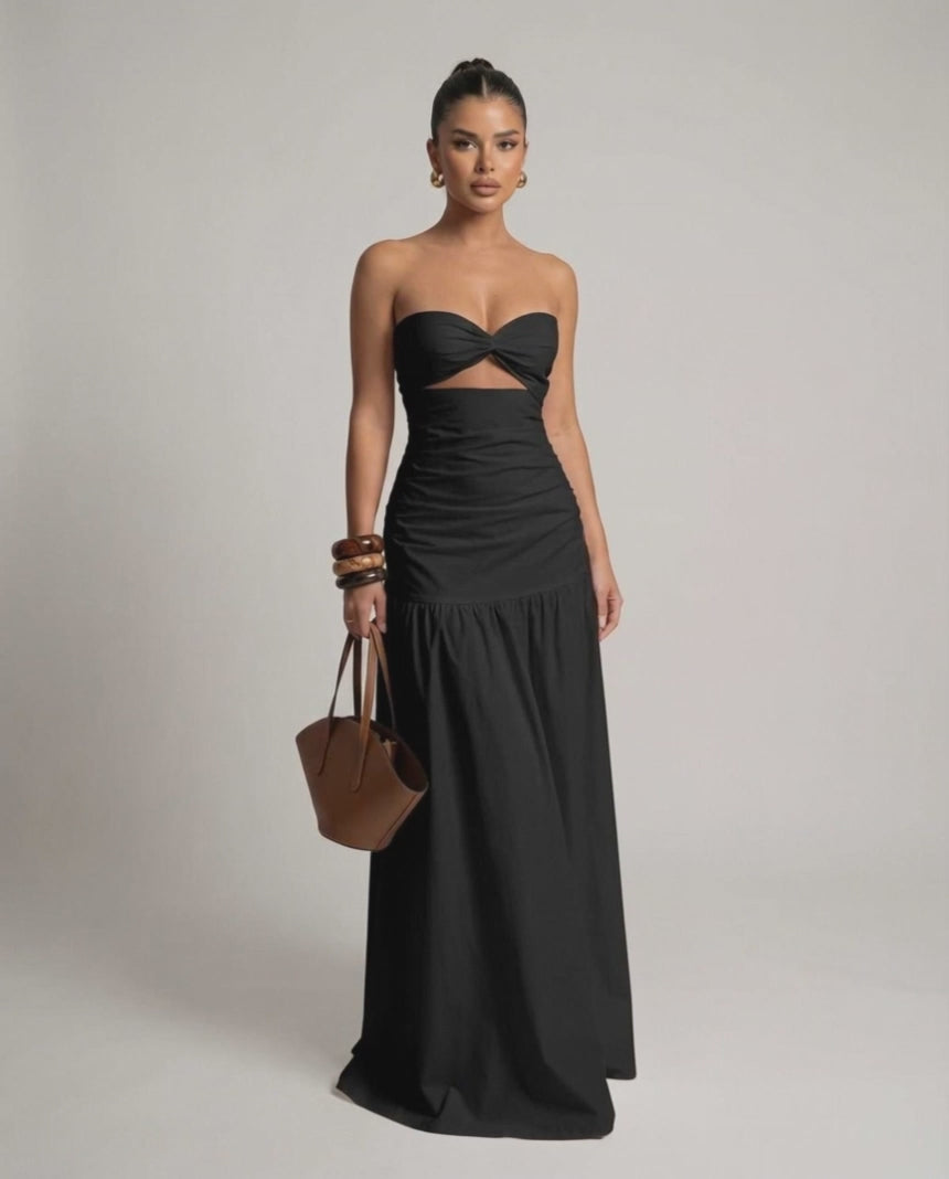 Noira Maxi Dress, black strapless design, cutout high waist silhouette, elegant fit from Lauven brand.