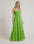Zafira Maxi Dress - Green strapless maxi dress with smocked bodice, by Lauven, offering a relaxed, flowing silhouette.