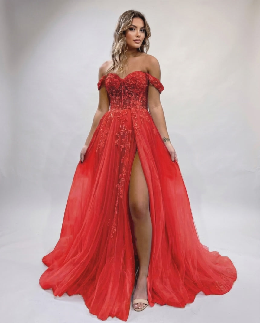 Celestia Maxi Dress by Lauven — tulle lace off-shoulder sweetheart A-line maxi dress