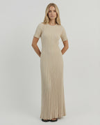 Celeste Maxi Dress by Lauven features elegant ribbed knit in beige with a flowing ankle-length silhouette.