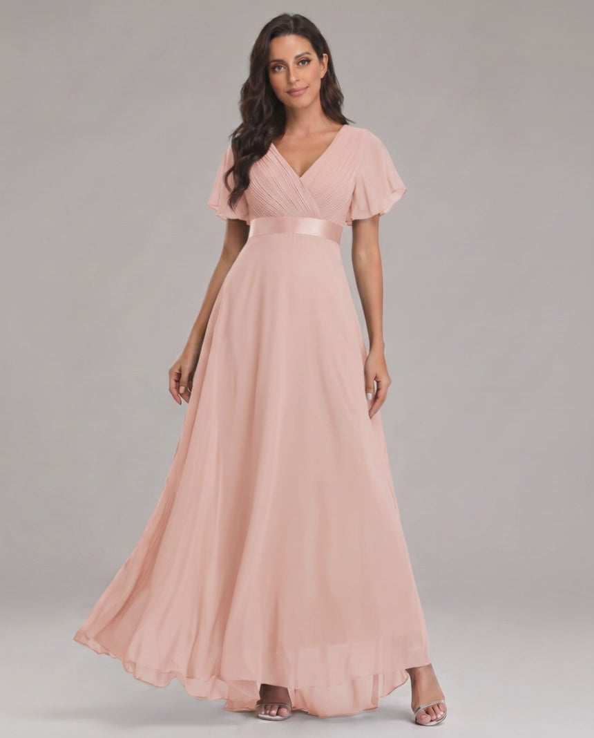 Veloura Maxi Dress by Lauven — chiffon flutter sleeve V-neck A-line maxi dress