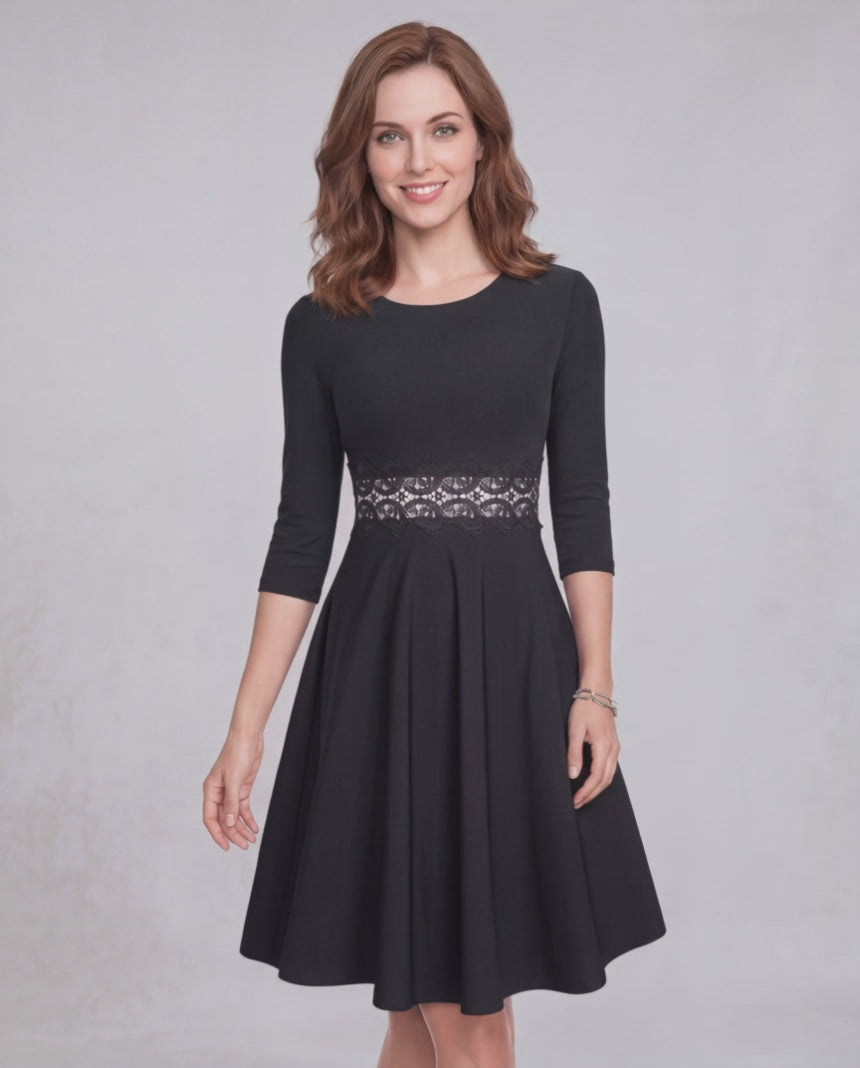 Elara Midi Dress - Black A-Line dress with lace waist detail by Lauven, offering timeless elegance and a flattering fit.