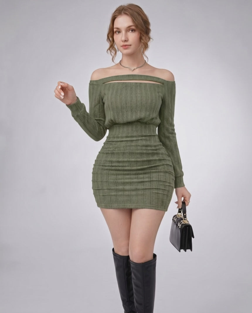 Aveline Mini Dress by Lauven features textured knit, bodycon fit, off-shoulder neckline, and contemporary style.