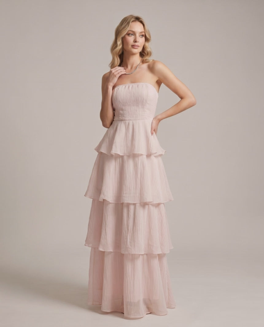 Serelune Maxi Dress by Lauven — chiffon strapless tiered A-line maxi dress
