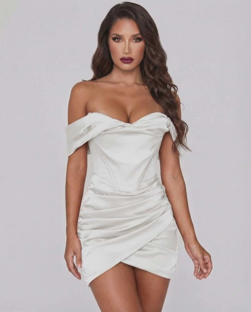 Lauven Aurora Mini Dress featuring luxe satin off-shoulder design and elegant wrap-style skirt.