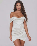 Lauven Aurora Mini Dress featuring luxe satin off-shoulder design and elegant wrap-style skirt.