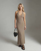 Celeste Maxi Dress featuring a sleek ribbed knit design, V-neckline, and stylish neutral color from Lauven.