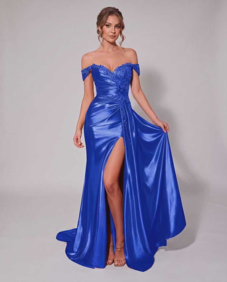 Veloura Maxi Dress by Lauven — satin off-shoulder sweetheart mermaid maxi dress