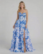 Azura Maxi Dress by Lauven - Blue floral tiered chiffon gown with structured corset and high slit.